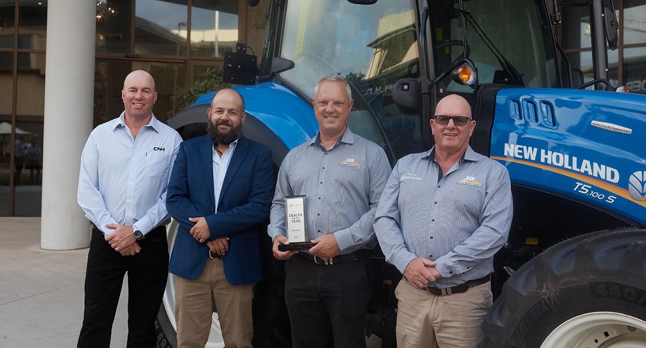 K-Line Ag Dealer of the Year 2025 - AEH Group. Mark Massingham and David Thompson (AEH Group) proudly accepted the award at the CNH Awards evening this week and are pictured with K-Line representatives Mark Murnane and Andrew Kissel (CNH).